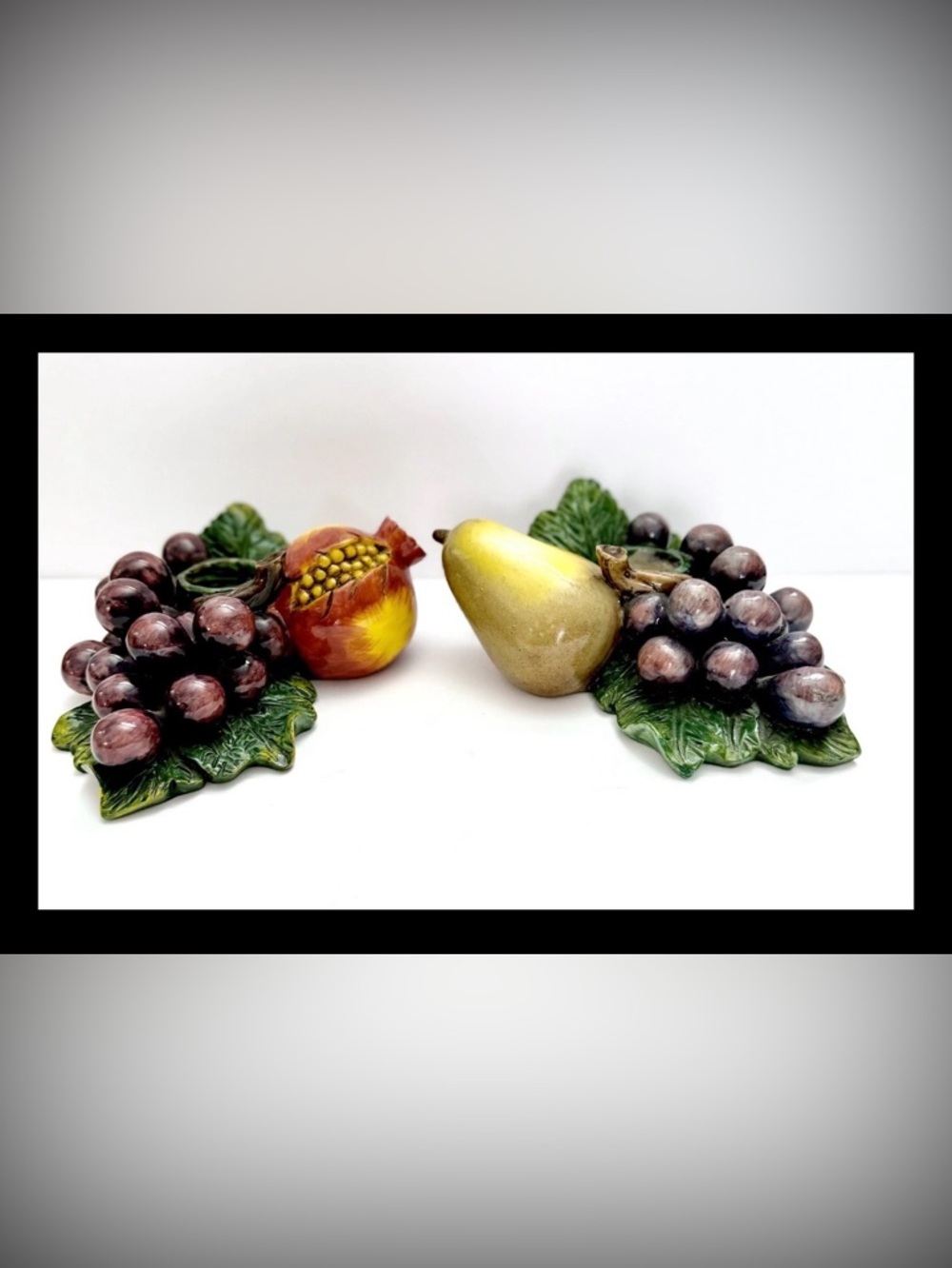 Vintage Fruit Candle Holders Pair – Grapes Pear Pomegranate Leaves – Home Decor